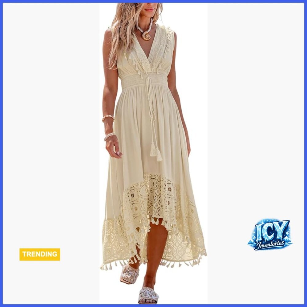 Rayon Maxi Dress V Neck Sleeveless Lace Tassel Smocked Waist